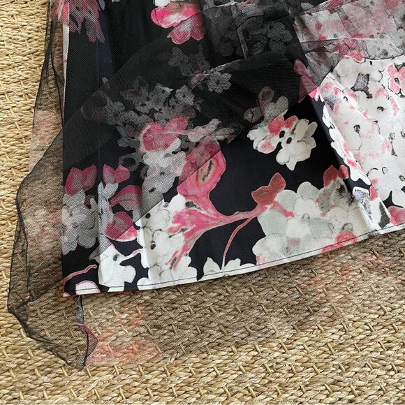 Milly Monica Tulle Overlay Black Pink Floral A-Line Skirt Grosgrain Waistband 6 - Picture 6 of 16